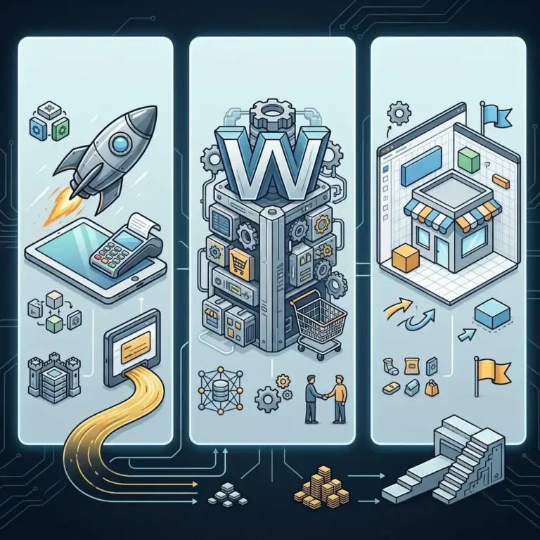 Ilustración conceptual de estilo isométrico que compara tres modelos de e-commerce sobre un fondo de circuito digital: a la izquierda, la agilidad y tecnología gestionada con un cohete y dispositivos táctiles; en el centro, el control total y código abierto con una gran "W" y engranajes; a la derecha, la facilidad de uso y construcción visual con un modelo de tienda y herramientas de edición.